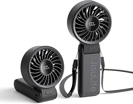 Jisulife Tragbarer Ventilator, Handventilator Mit Led-anzeige [maximale Kühlleistung 19,5 Stunden] 5000 Mah, 150° Faltbar, 5 Geschwindigkeitsstufen, Trageschlaufe 3-in-1 Hand-/tisch-/nackenventilator