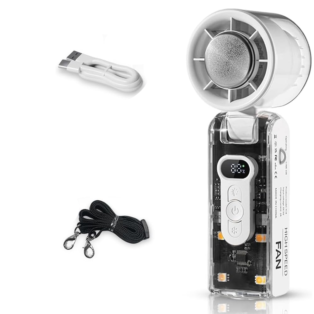Mini-ventilator, Faltbar Mit Smart-display, 360°-spiralluftstrom, 3600 Mah Akkukapazität, Für Arbeit Und Reisen, Transparent