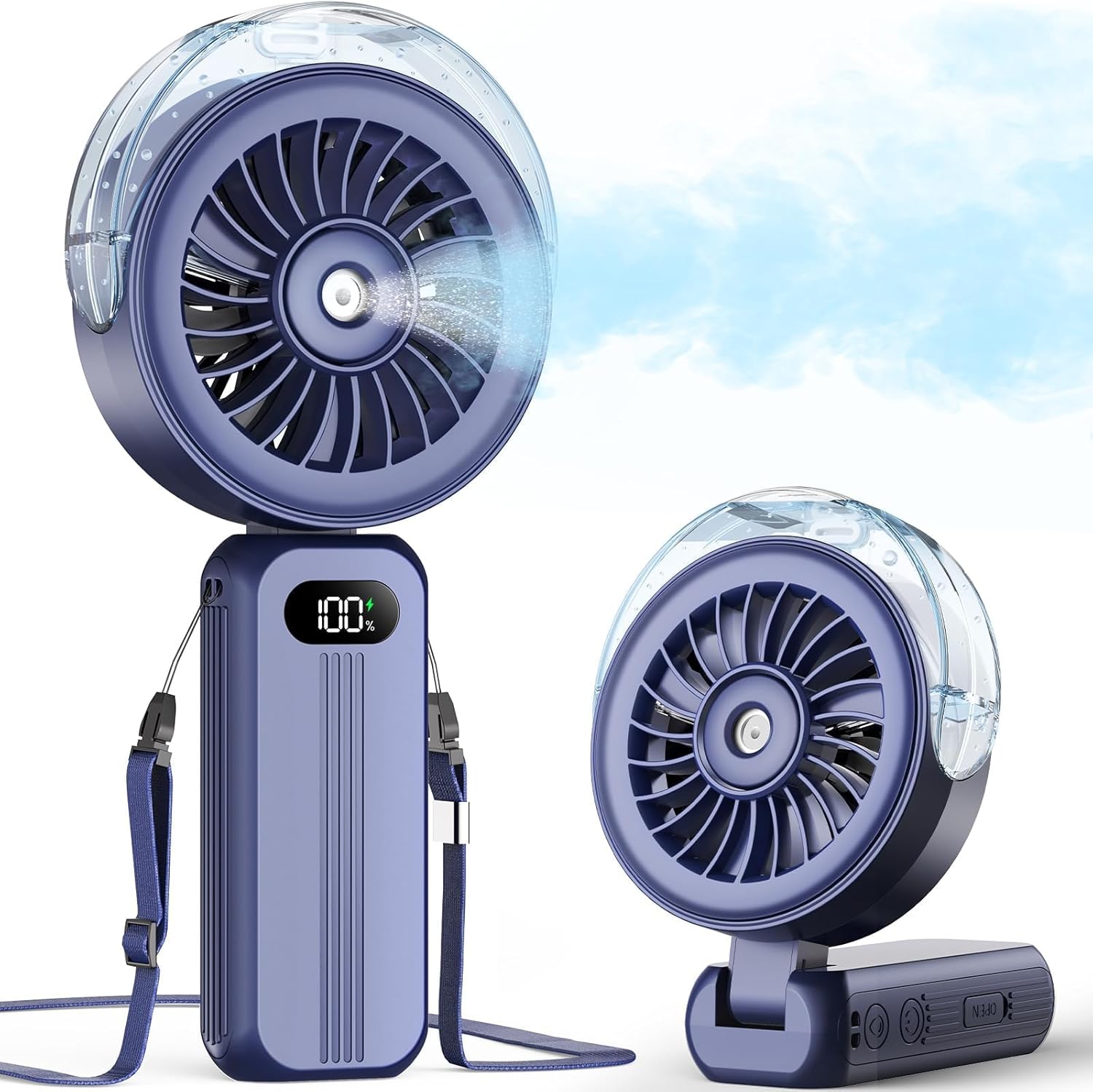Mini-nebelventilator – Leistungsstark, Wiederaufladbar – 4 Geschwindigkeitsstufen, 4000 Mah, Faltbar, Mit Handschlaufe – Ideal Für Unterwegs – Dunkelblau
