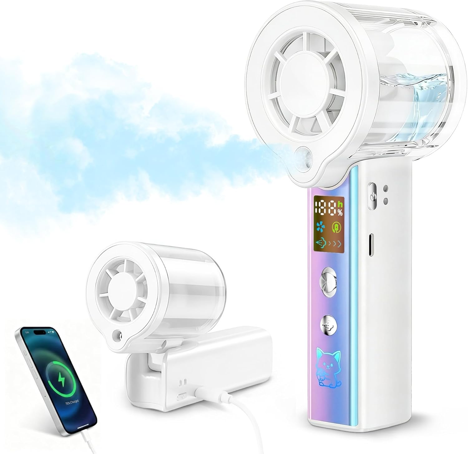 Tragbarer Sprühventilator – Led-anzeige, 3000 Mah – Mit Powerbank- Und Taschenlampenfunktion – Für Reisen, Büro, Outdoor (weiß)