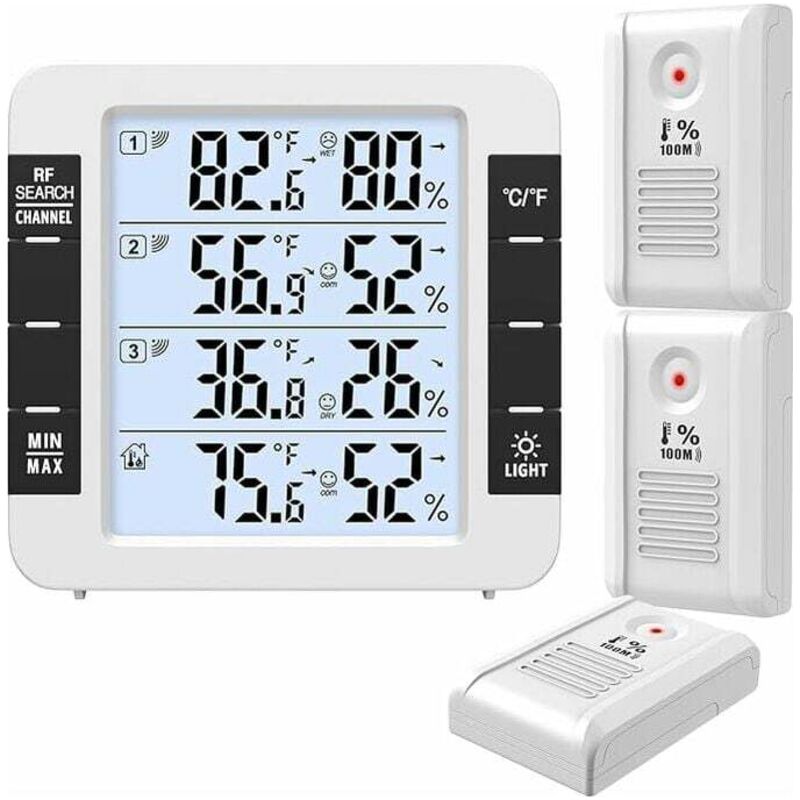 – Vernetztes Innen-/außenthermometer – 3 Drahtlose Sensoren – Temperaturbereich -50 Bis 70 °c – Luftfeuchtigkeit 10 Bis 99 % – Großes 4,6-zoll-lcd-display