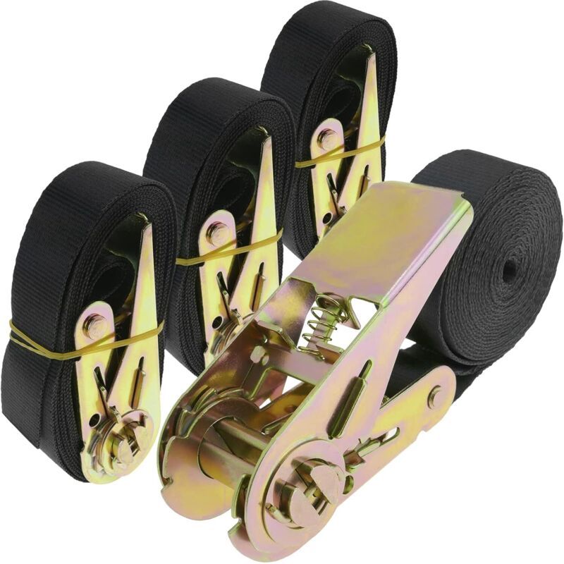 Set Mit 4 Ratschen-zurrgurten, 2,5 M X 25 Mm, 800 Kg Tragkraft, Effektive Befestigung Auf Baustellen, Schwarz