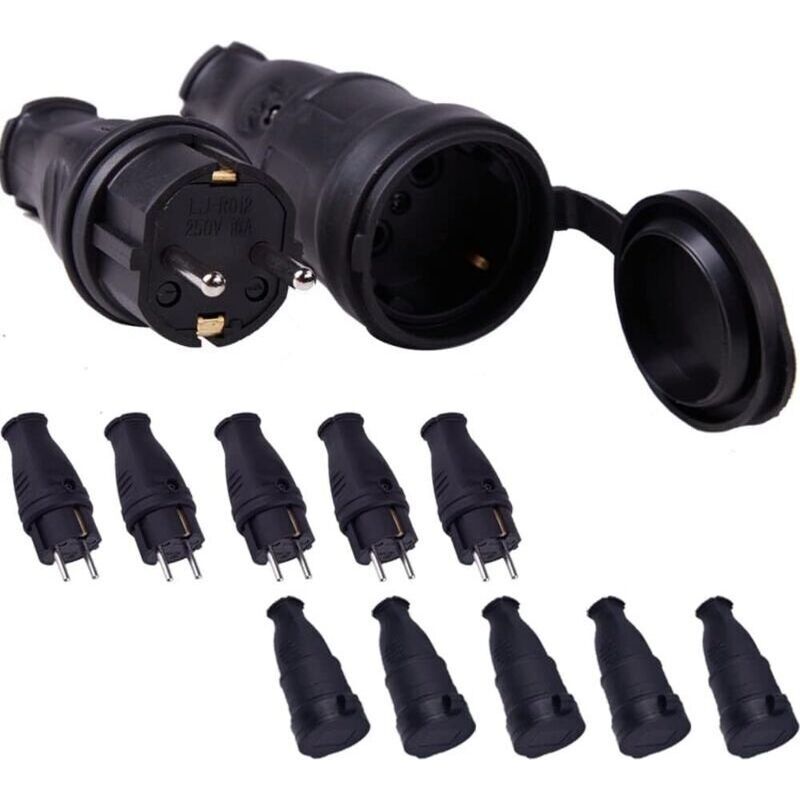 5-teiliges Set: Stecker + Buchse, 250 V, 16 A, 4000 W, Gummistecker, Wasserdichter Netzstecker (ip44) – Für Kabelquerschnitte Von 0,5 Bis 3 Cm²