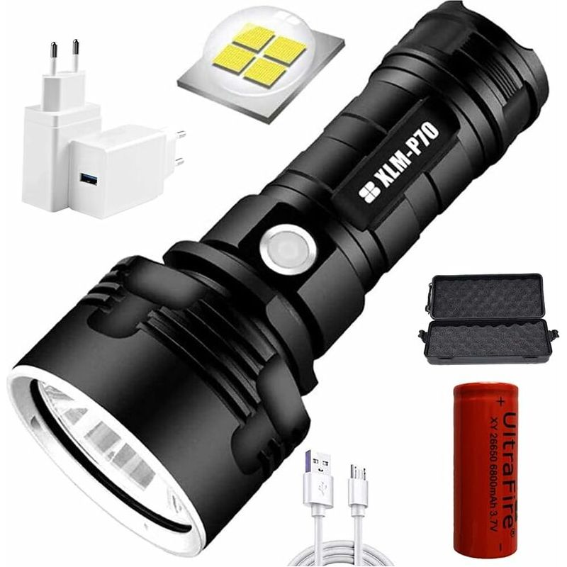30.000–100.000 Lumen Led-taschenlampe, Wasserdicht Nach Ipx-6, Wiederaufladbarer 26650-akku (6800 Mah), 3 Modi Für Notfälle Und Outdoor-aktivitäten – 50 W – P70