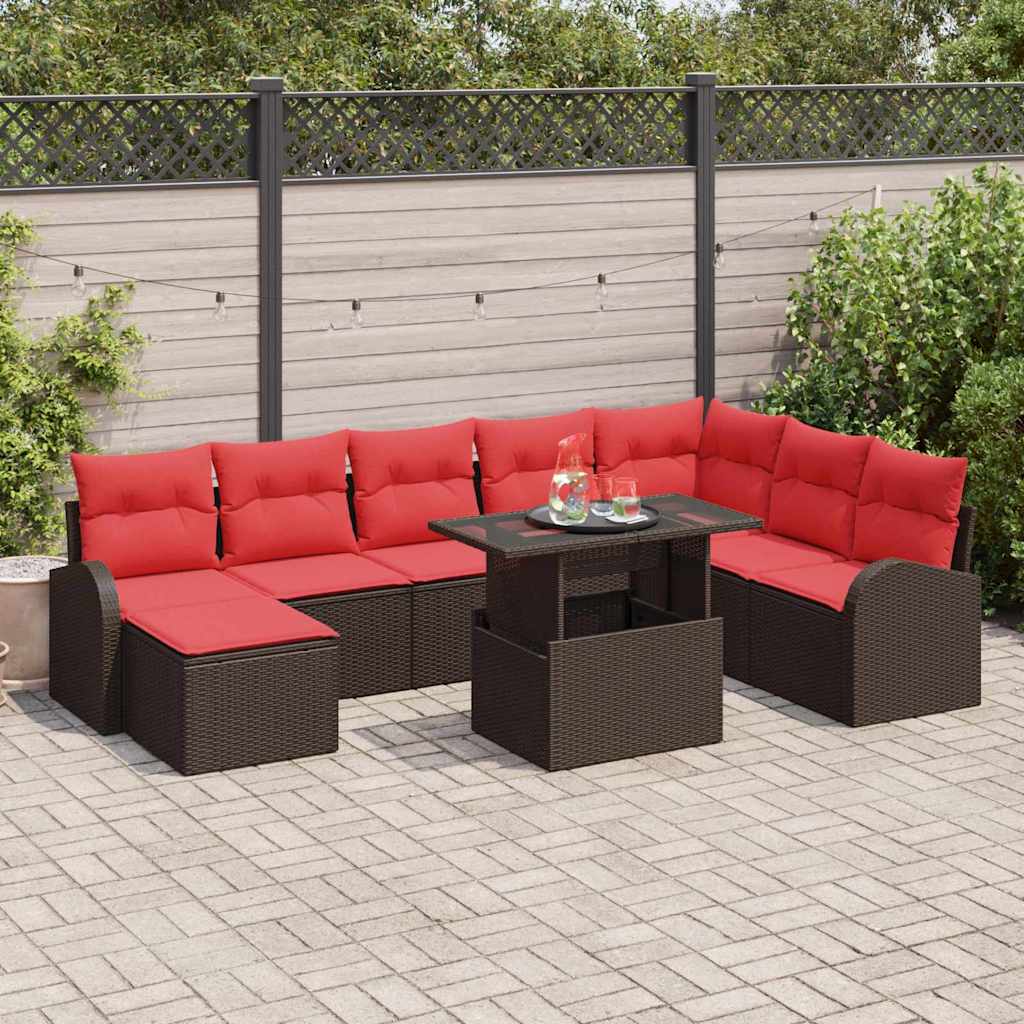 Vidaxl Gartensofa-set Mit Speicher 9 Pcs Braun Und Rot Poly-rattan