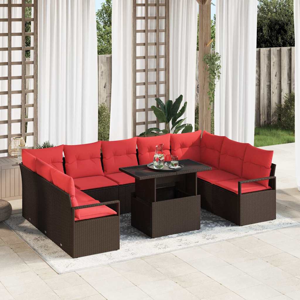Vidaxl Gartensofa-set Mit Speicher 10 Pcs Braun Und Rot Poly Rattan