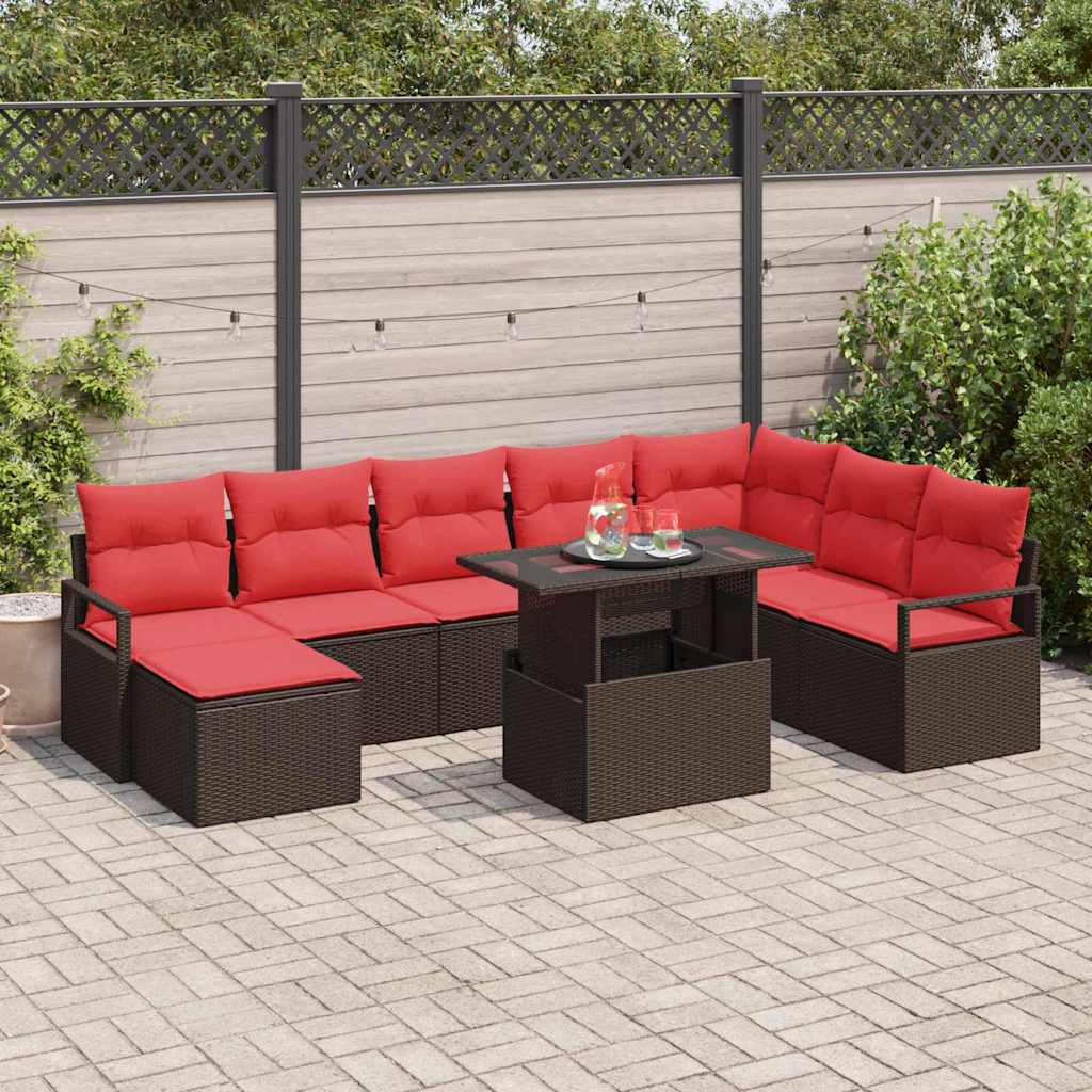 Vidaxl Garten-sofa-set Mit Kissen 9 Pcs Braun Und Rot Poly-rattan