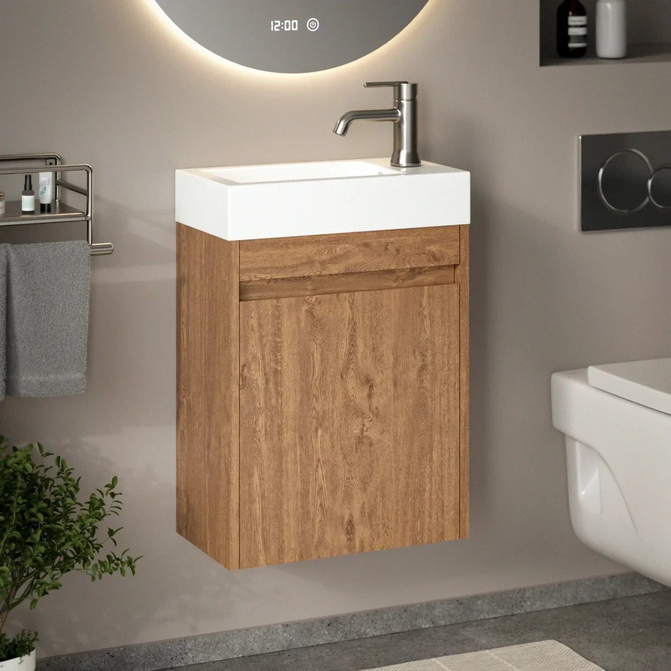 Gäste-wc-möbel Vivo – 40 Cm – Warme Eiche – Weißes Waschbecken -