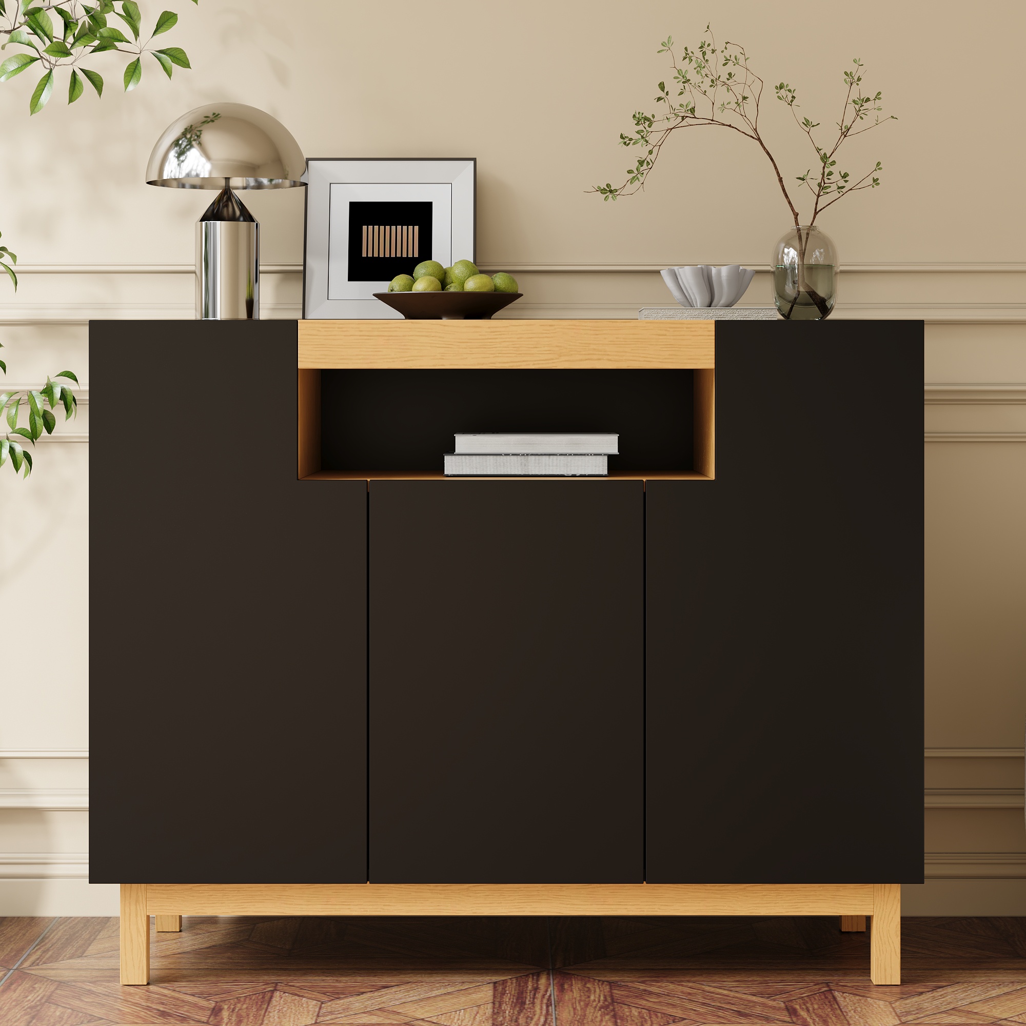 Küchen-sideboard 120,5x42x96 Cm, Aufbewahrungsschrank Für Wohn- Und Esszimmer, Kommode Mit 3 Türen Und Holzeinlegeböden Im Modernen Stil, Schwarz