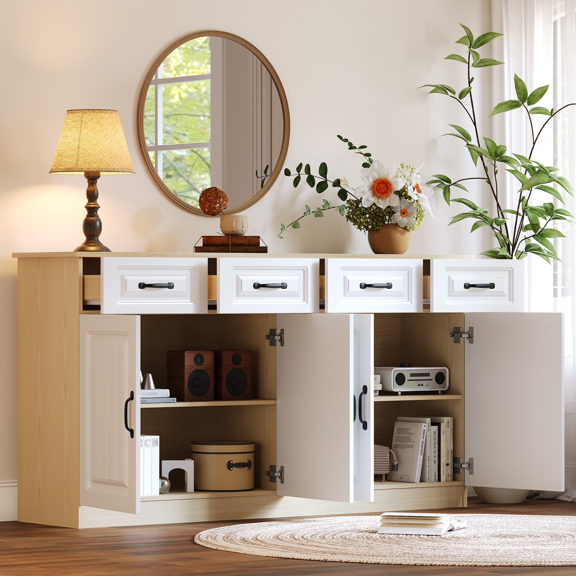 Sideboard 160x35x80 Cm, Aufbewahrungskommode Für Küche, Wohnzimmer Und Schlafzimmer, Mdf Mit 4 Türen Und 4 Schubladen Im Rillendesign, Weiß Und Naturholz