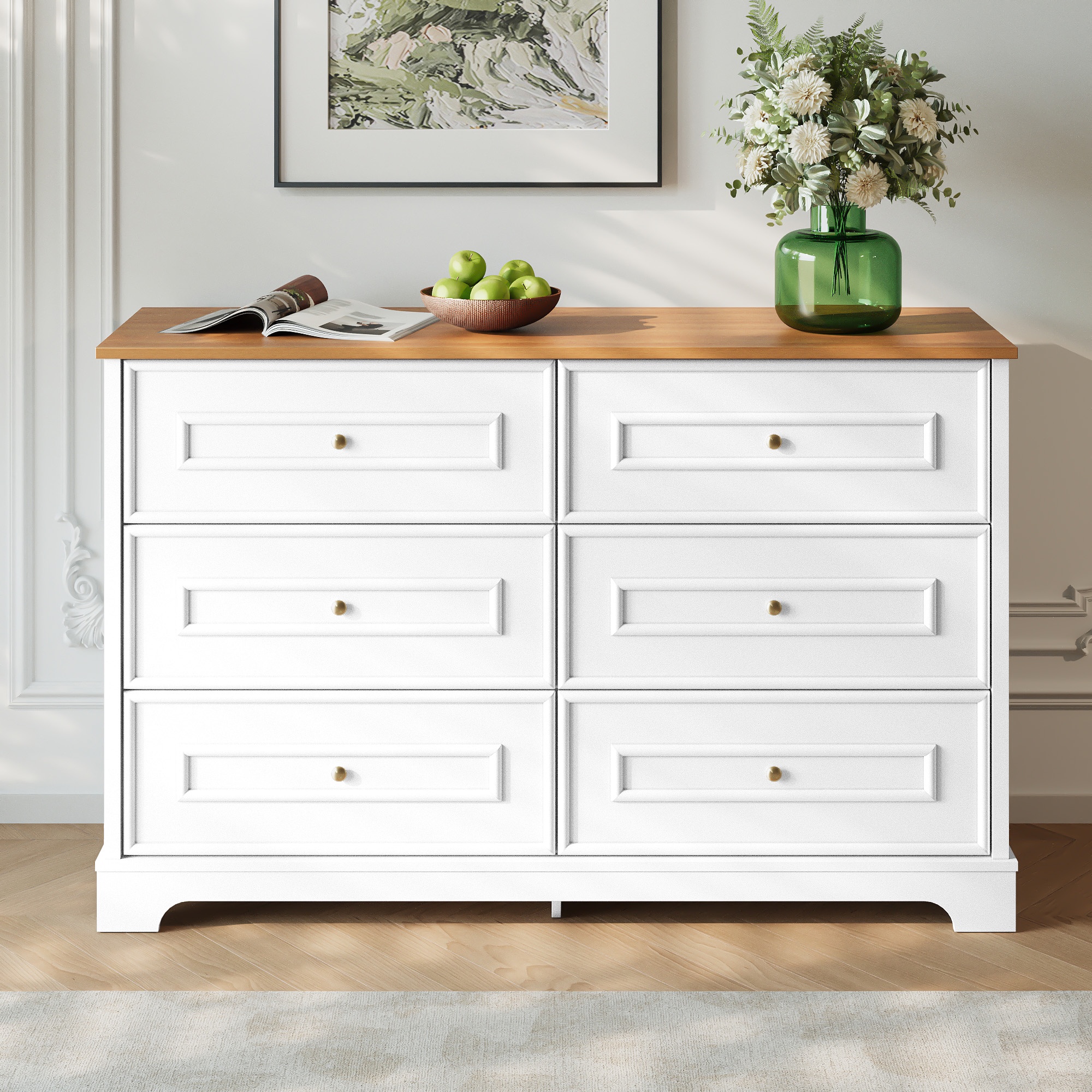 Küchen-sideboard 120x40x76 Cm, Wohnzimmerkommode Mit 6 Schubladen Im Modernen Landhausstil, Aus Mdf Und Holzwerkstoff, Weiß Und Naturholz