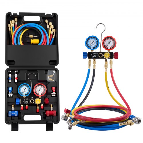 Ac Klimaanlagen-manometer-set Für R134a/r404a/r1234yf/r22 Kältemittel, 4-wege-manometer Mit 1,5-m-schläuchen & Adaptern & Schnellkupplungen & Dosenanschlüssen Geeignet Für Kfz-klimaanlagen