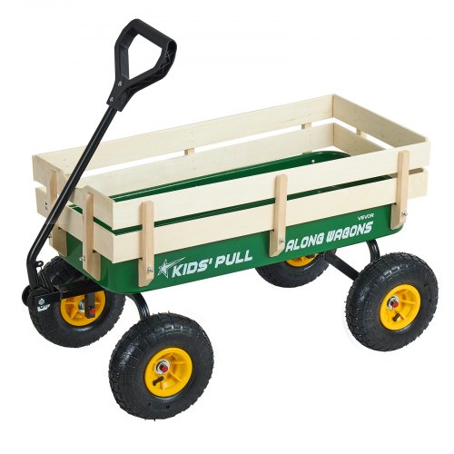 Handwagen Für Kinder, 102 Cm Bollerwagen, Transportwagen Mit Schiebestange, Aus Holz & Metal, Max. 150 Kg Tragbar, Ideal Für Kinder Ab 5 Jahren, Garten, Ausflüge & Strand, Farbe Grün & Gelb