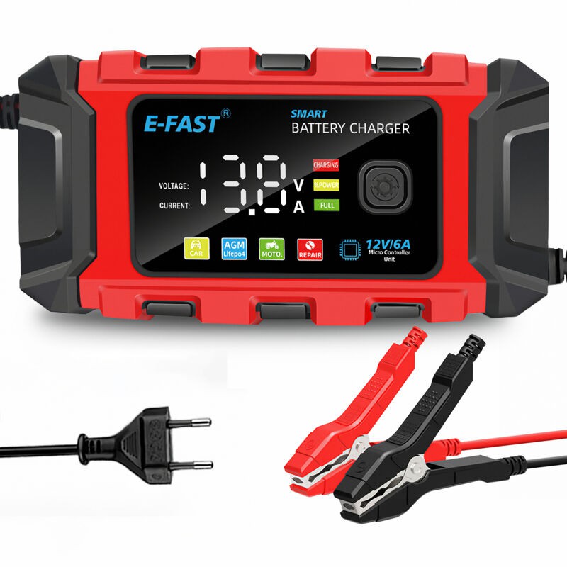 Ultrixe Smart Autobatterieladegerät, Tragbares Automatisches Ladegerät Mit Reparaturfunktion Und Lcd-bildschirm Für Lithium-, Blei-säure- Und Lifepo4-batterien, Rot/schwarz