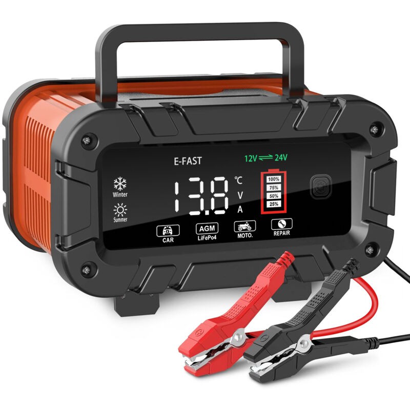 Ultrixe Smart-batterieladegerät, 12v/24v Universal-batterieladegerät Mit Erhaltungs- Und Reparaturfunktion, Tragbar Mit Lcd-bildschirm, 7-stufiger Automatischer Ladefunktion, Schwarz/rot