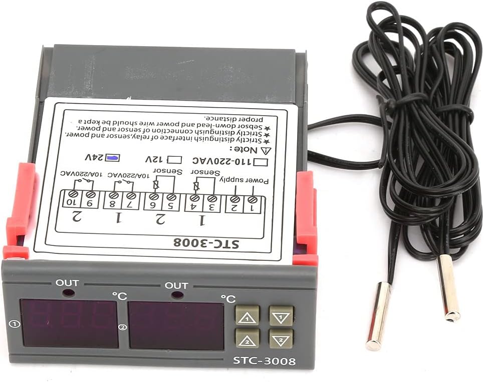 Digitales Thermostat Stc-3008 – 24 V – Zwei Fühler – Temperaturregelung – Kühlschrank, Gewächshaus, Aquarium – Schwarz