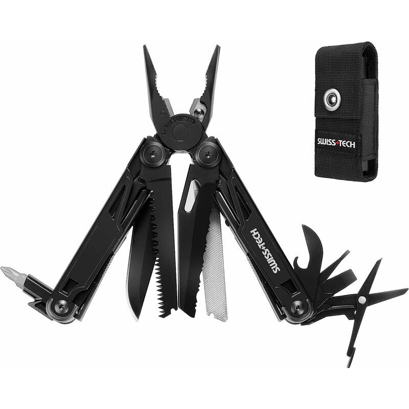Swiss+tech 16-in-1 Edelstahl-multitool Mit Selbstverriegelungsmechanismus, Messer Mit Säge, Schraubendreher, Lineal, Feile, Dosenöffner Für Survival, Camping, Wandern (schwarz)