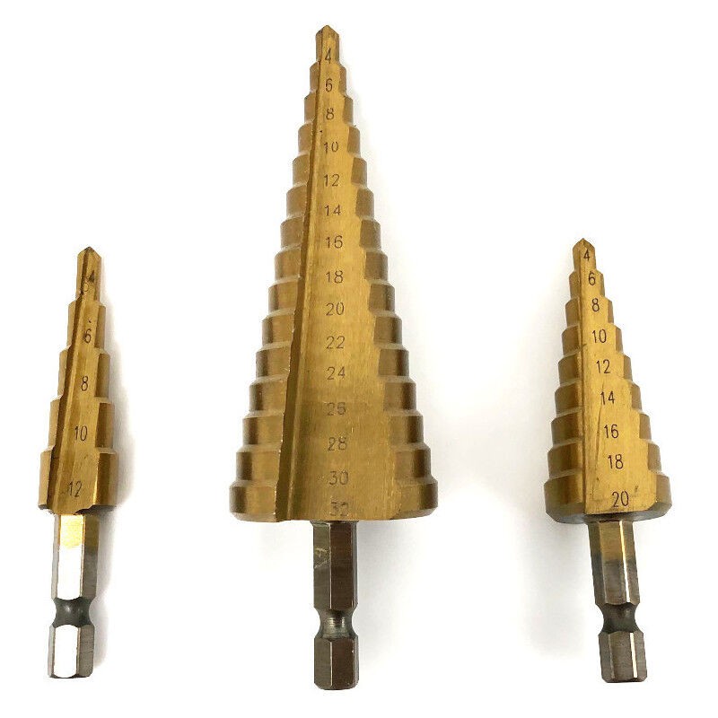 Beast 3-teiliges Hss-tin-stufenbohrer-set Mit Titanbeschichtung – Durchmesser 4–12, 4–20, 4–32 Mm – 6,35 Mm Schaft – Präzisionsbohrwerkzeuge