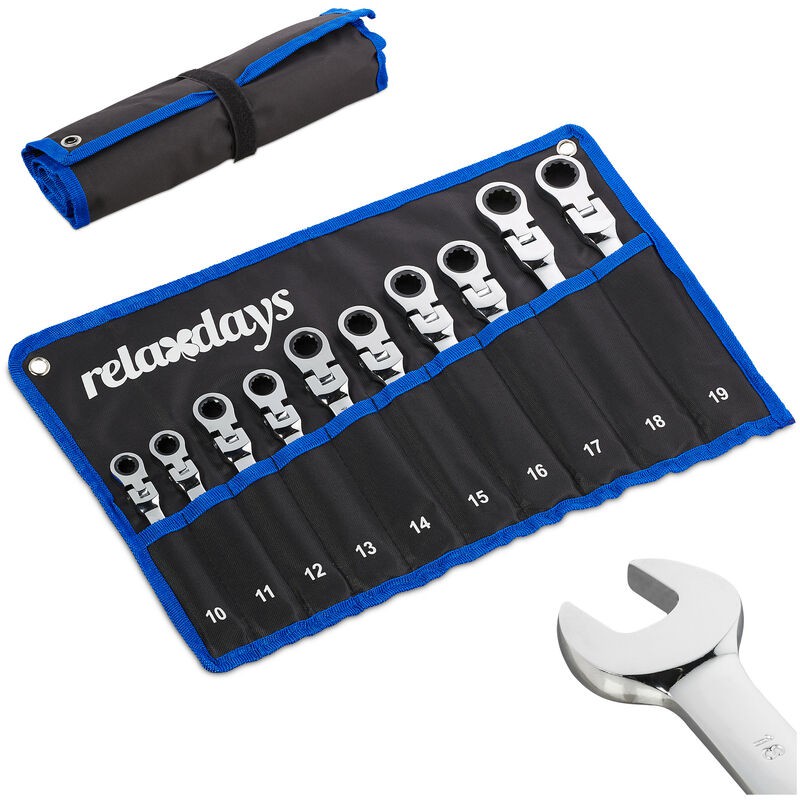 Relaxdays Verstellbarer Schraubenschlüsselsatz, 10-teilig, Maulschlüssel, Ratschenfunktion, Gelenkschlüssel, 10–19 Mm, Inklusive Tasche, Schwarz