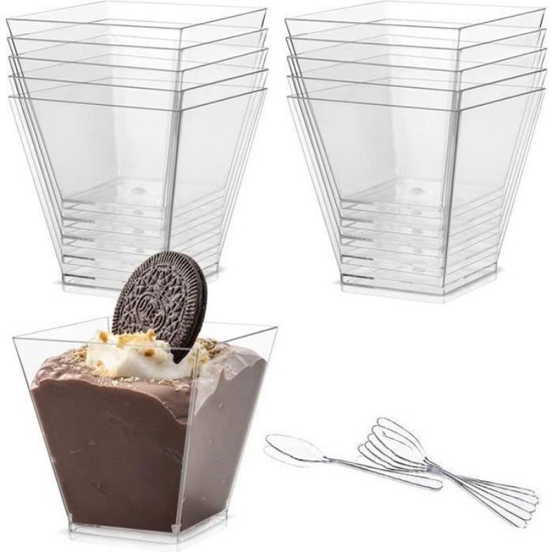 Dessertbecher Aus Kunststoff - 50er-packung, Wiederverwendbar, Mit Löffeln, Transparent, Für Desserts - Becheretikett.