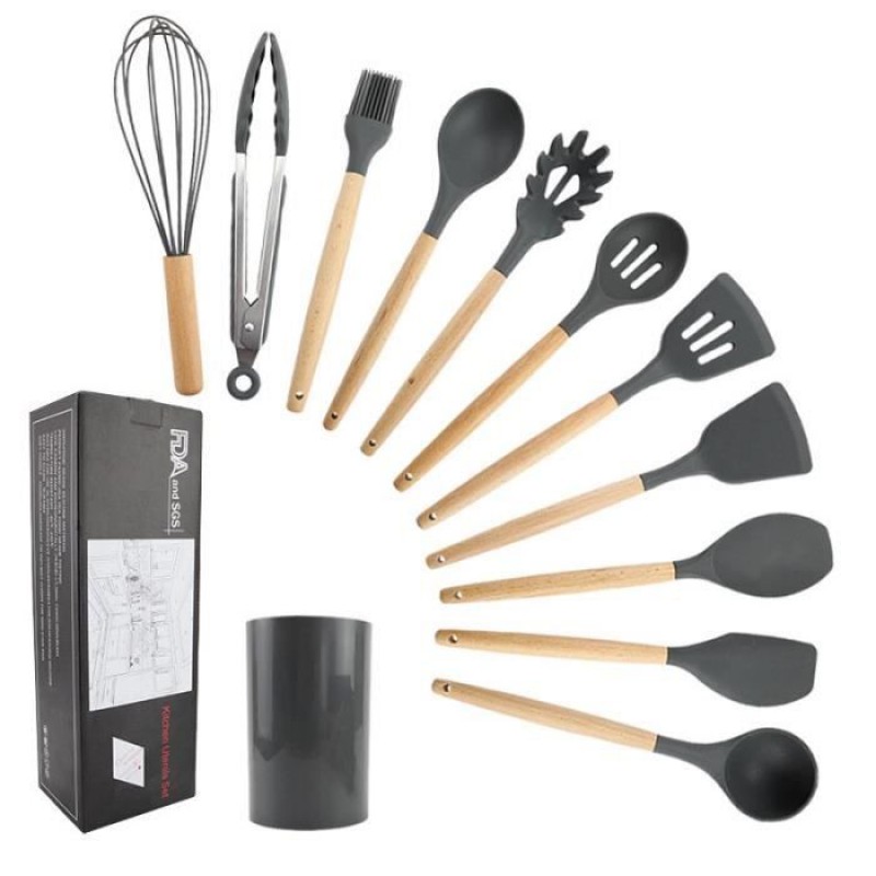 Silikon-küchenhelfer-set, 12-teilig: Löffellöffel, Pinsel, Schneebesen, Pfannenwender, Schöpfkelle, Pfannenwender Mit Schlitzen, Löffelzange, Pastagabel