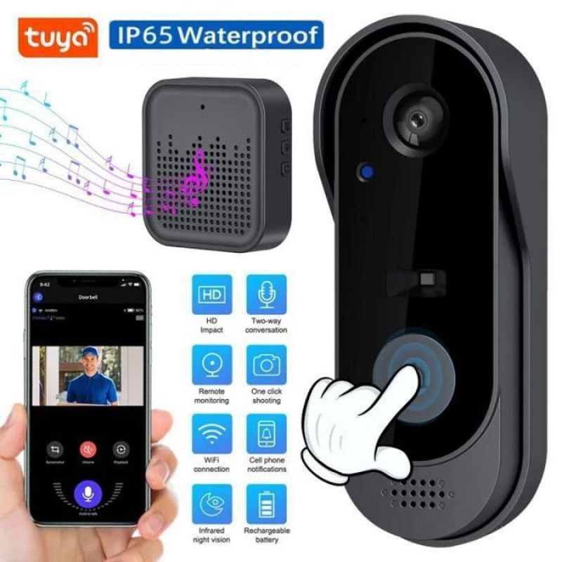 Tuya 1080p Wlan-videotürklingel – Wiederaufladbarer Akku, Infrarot-nachtsicht, Gegensprechfunktion, Bewegungserkennung