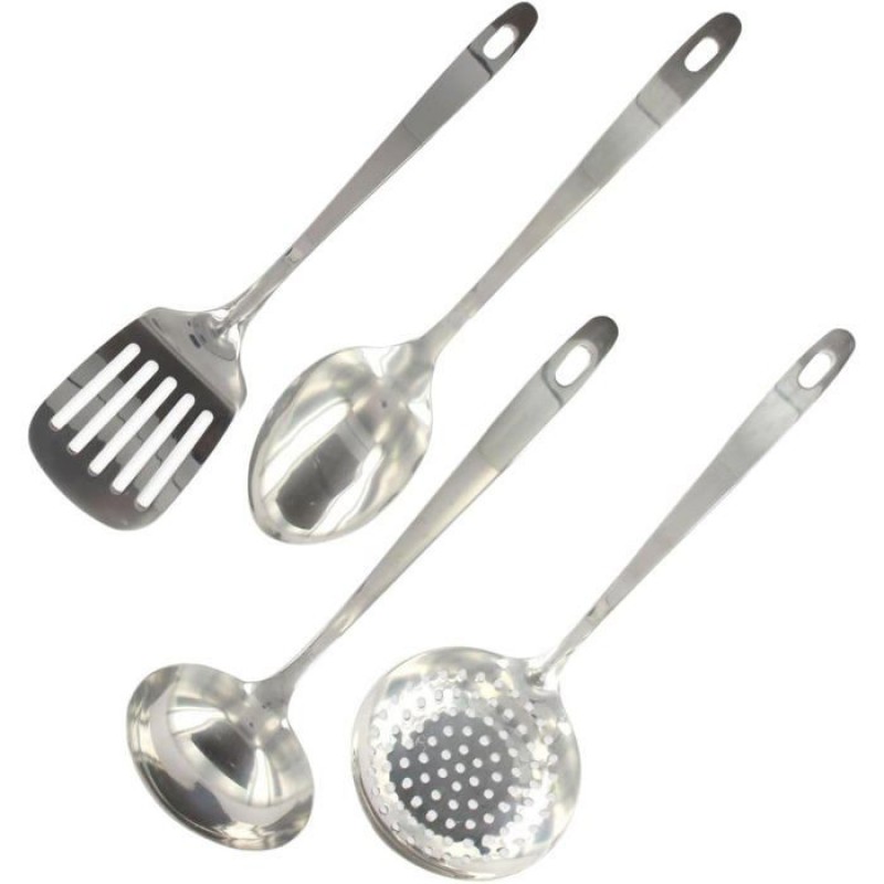 Set Aus 4 Küchenutensilien Aus Edelstahl, Bestehend Aus Schöpfkelle, Schaumlöffel, Pfannenwender Und Servierlöffel, Zur Zubereitung Von Speisen.