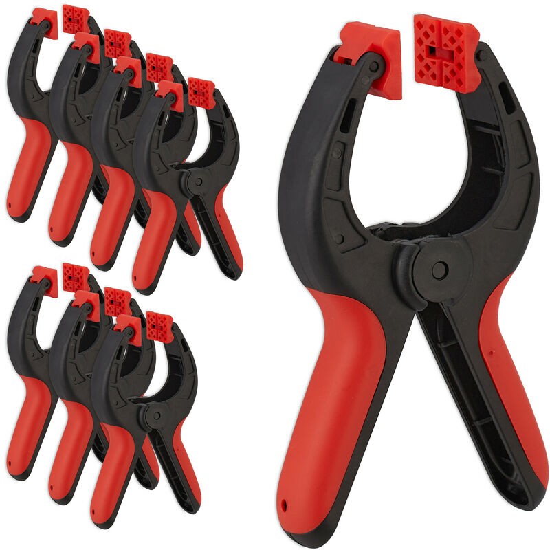 Relaxdays 8er-set Klemmen, 7 Cm Abstand, 13 Kg Klemmkraft, Rutschfest, Drehbar, Schwarz-rot