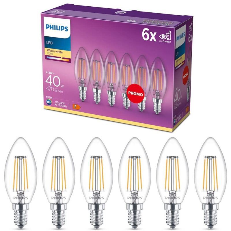 Philips Led-flammenlampe E14 40w Warmweiß Klar, Glas, 6er-pack