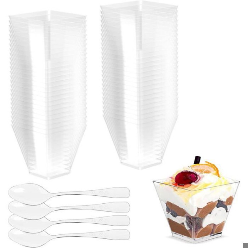Set Mit 50 Dessertbechern (60 Ml) Und 50 Löffeln – Wiederverwendbarer, Transparenter Kunststoff – Für Mousse, Gelee, Tiramisu Und Buffets