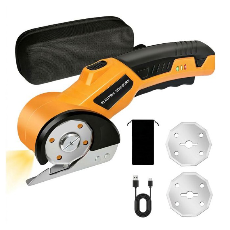 Wiederaufladbare, Kabellose Elektroschere – Rollschneider Mit Led Und Mitgelieferten Klingen Für Stoff, Leder Und Karton – Gelb