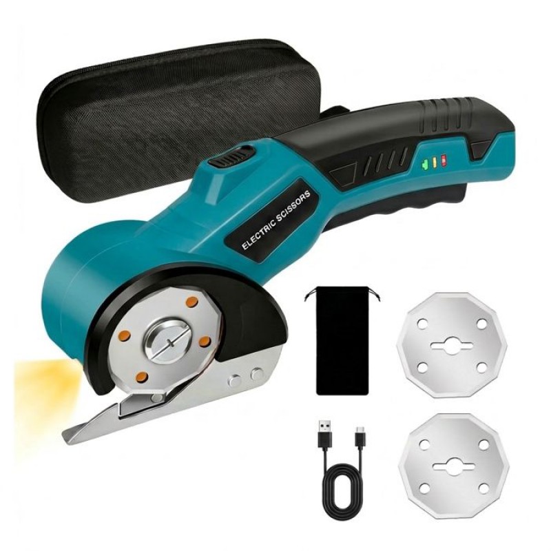 Wiederaufladbare, Kabellose Elektrische Schere – Rollschneider Mit Led Und Mitgelieferten Klingen Für Stoff, Leder Und Karton – Blau