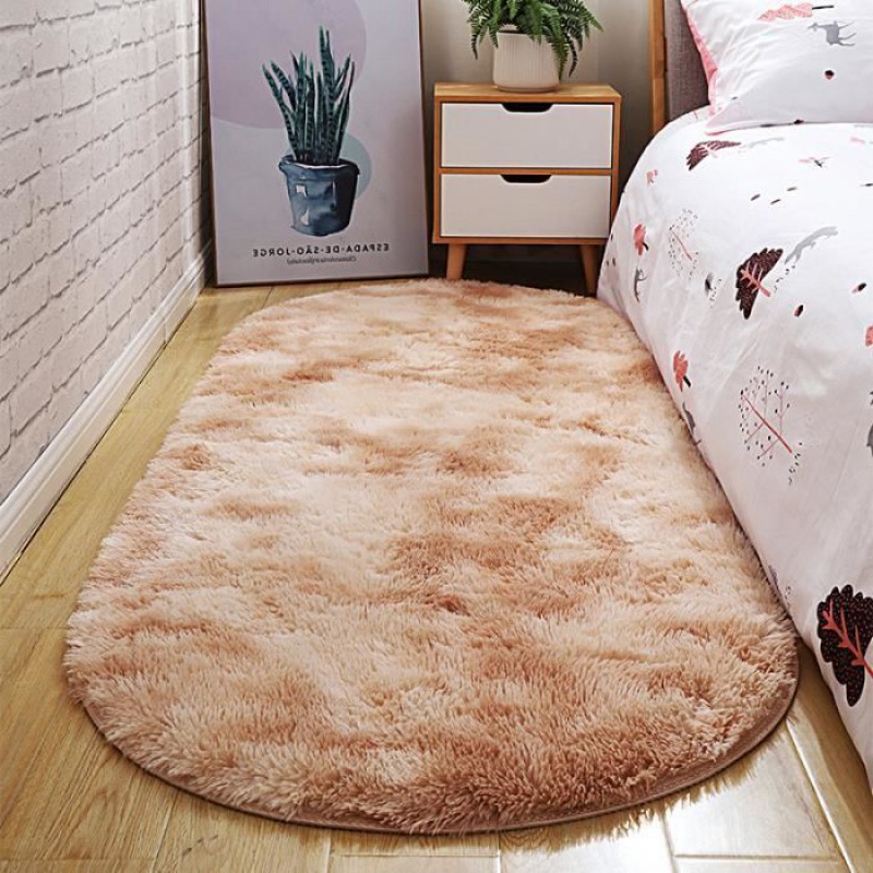 Ovaler Plüschteppich, Beigebraun, 100 X 160 Cm – Wohnzimmer-/schlafzimmerteppich – Weicher, Flauschiger Bodenteppich