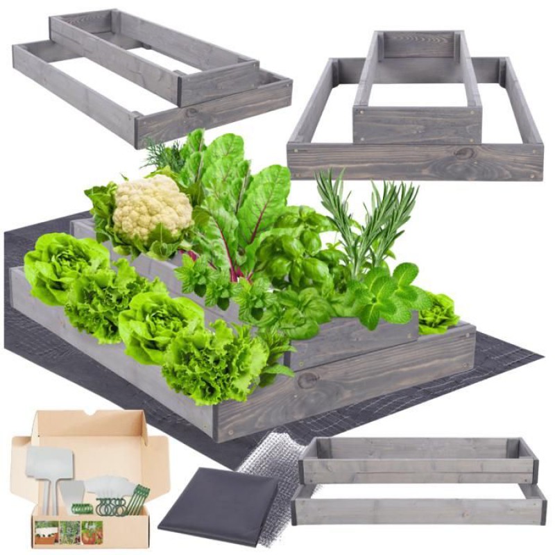 Zp09 Modulares Hochbeet Mit Stufendesign, Kiefernholz, Für Kräuter/gemüse, Garten/terrasse/balkon, 18 X 60 X 80 Cm, Grau