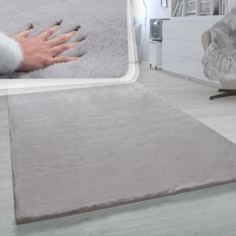 Paco Home Langflorteppich Für Das Wohnzimmer, Kunstfell, Imitation Von Kaninchenfell, Sehr Weich, Grau, 150 Cm X 150 Cm