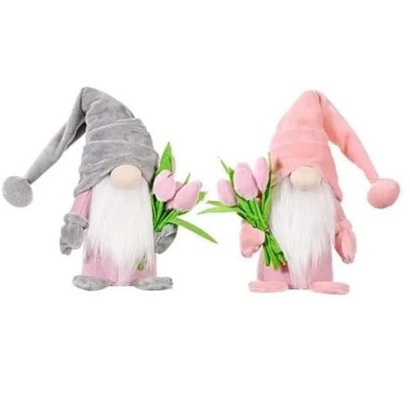 Stehende Gartenzwerge Mit Tulpensträußen, Stofffiguren 37 X 8 X 6 Cm, Frühlingsdekoration, Rosa + Grau