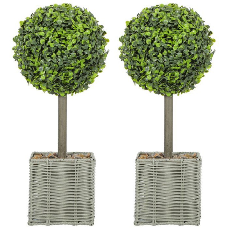 Set Mit 2 Künstlichen Pflanzen – Gewebter Kunststofftopf Und Kieselsteine – 50 Cm Hoch – Grün