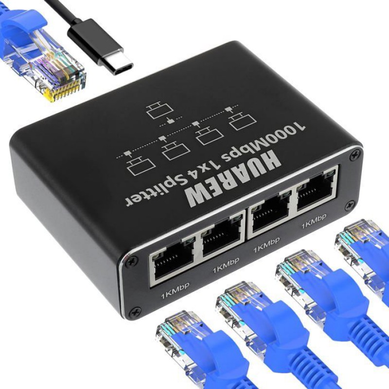 1-zu-4-ethernet-switch, Rj45-splitter, 4-port-1000-mbit/s-ethernet-switch Mit Usb-c-netzkabel Für Computer