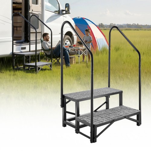 Wohnmobiltreppe Mit 2 Handläufen (2 Stufen), Standtreppe Mit 300 Kg Tragkraft, Außentreppe Mit Rutschfester Matte Für Senioren/haustiere, Trittstufe Für Camper, Mobilheim, Veranda, Pool Und Spa