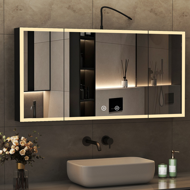Boromal Groß Spiegelschrank Bad Mit Beleuchtung Schwarz Badezimmer Spiegelschrank Mit Beleuchtung Metall Led Badezimmerschrank Hängeschränke Mit Dimmbar + Beschlagfrei (120 X 60 X 13,5 Cm)