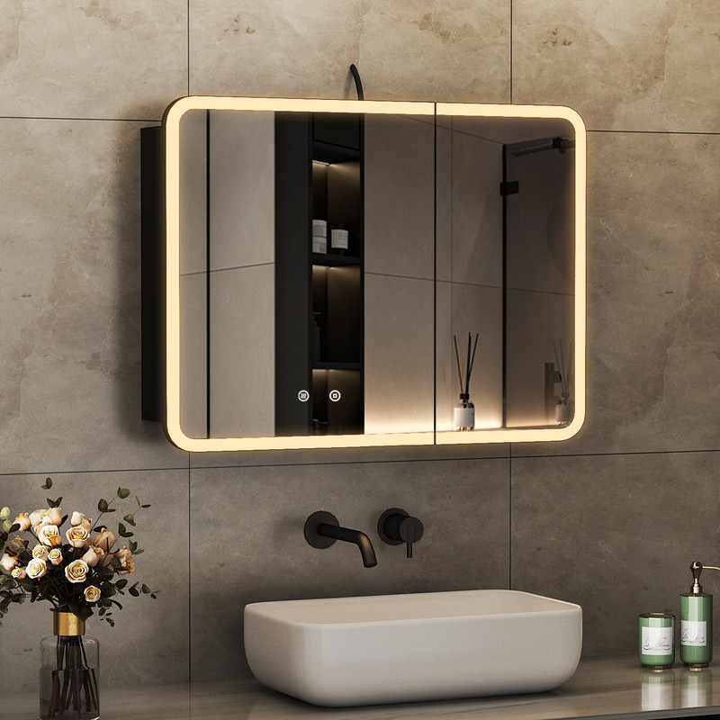 Spiegelschrank Bad Mit Beleuchtung 80 X 60 Cm Led Spiegelschrank Schwarz Mit Beleuchtung Badezimmerschrank Hängeschränke Mit 3 Lichtfarben Dimmbar + Beschlagfrei + Memory-funktion