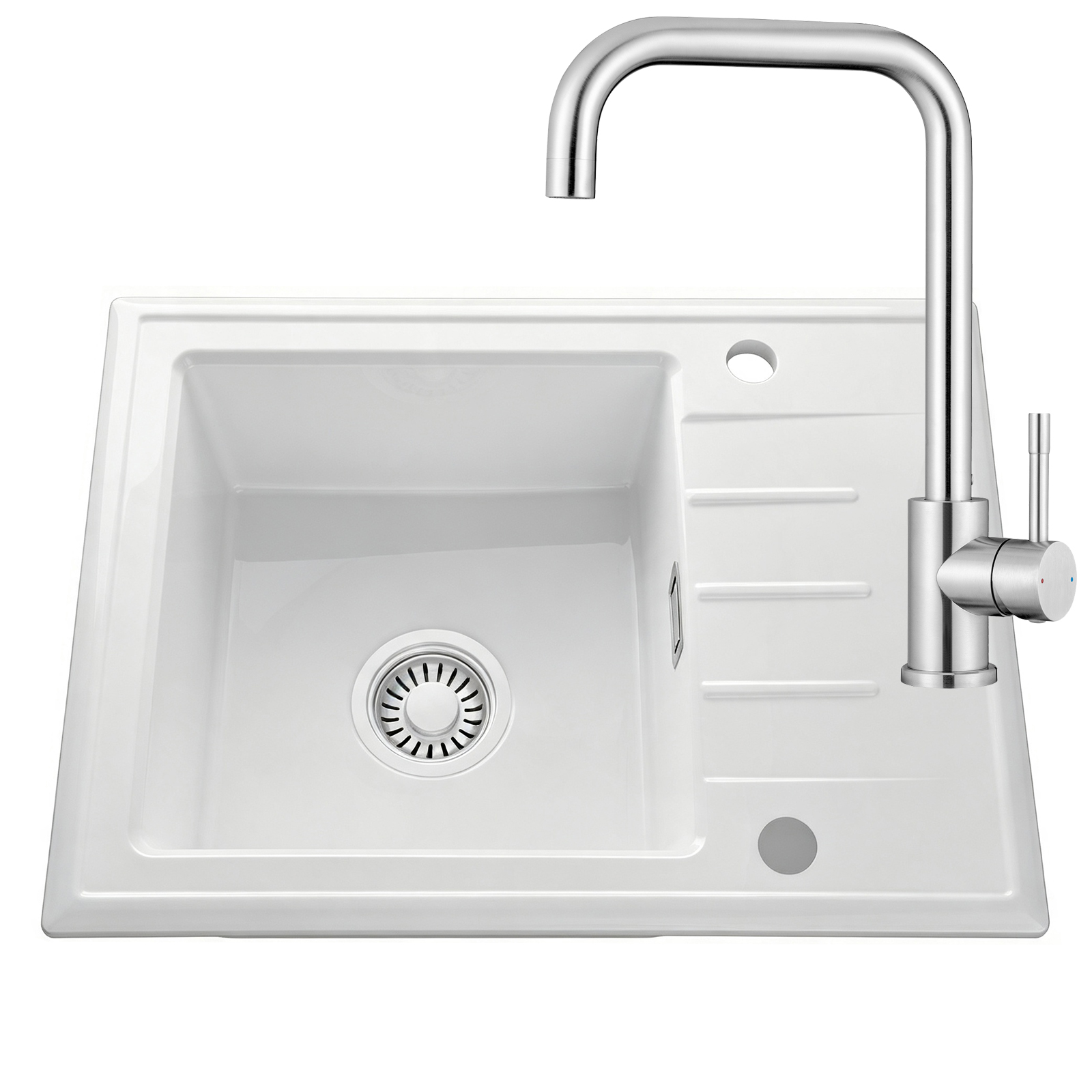 Cecipa Max Keramik Küchenspüle 60 X 46 Cm, Einzelbecken Mit Abtropffläche & Edelstahl-küchenarmatur - Perfekt Aufeinander Abgestimmt, Inkl. Siphon-set