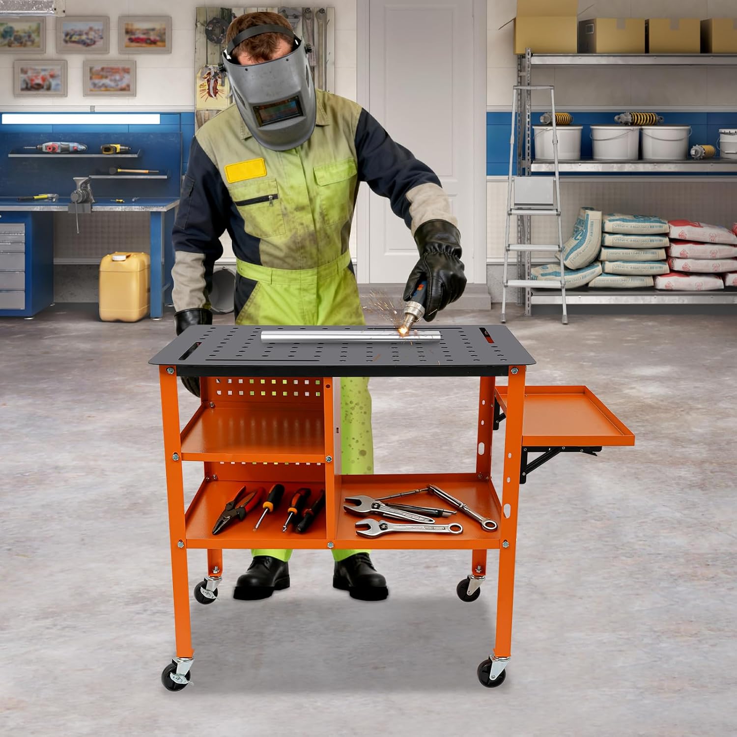 Mobiler Schweißarbeitstisch Stahl Mit Rollen Multifunktionaler Werkstatttisch Mit 4 Universalrädern, Stabiler Stahl, Max 500 Kg Tragfähigkeit, Montage Reparatur
