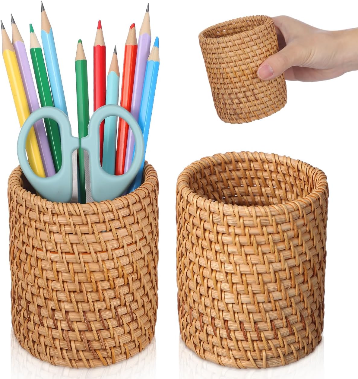 2-teiliger Stiftehalter Aus Rattan, Handgeflochtener Stiftehalter, Multifunktionale Aufbewahrungsröhre Für Den Schreibtisch, Kosmetikaufbewahrungsröhre Aus Holz Für Schule, Büro, Schlafzimmer