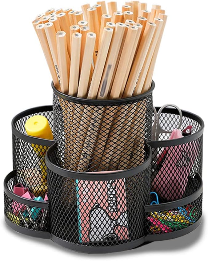 360° Drehbarer, Multifunktionaler Stiftehalter, Drehbarer Bleistifthalter, Schreibtisch-stifteorganizer, Metallgitter, Mit 7 Fächern, Rutschfester Matte, Für Schreibtischaufbewahrung, Schminktisch (sc