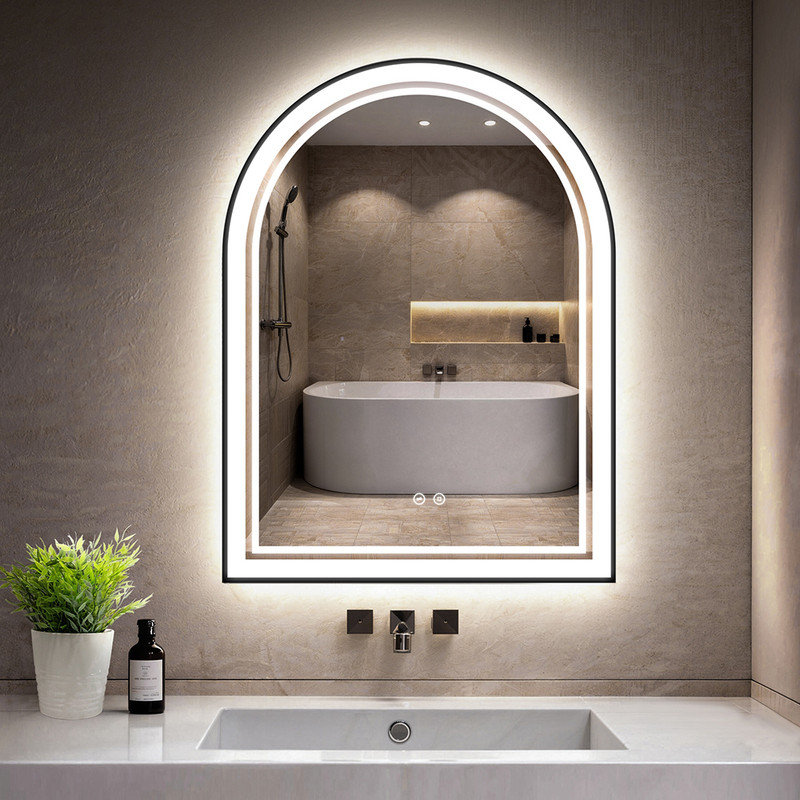 Badezimmerspiegel Gimbelen 80x60 Cm Mit Led-beleuchtung, Schwarz, Gewölbte Form, 3 Lichtfarben, Dimmer, Touch-schalter, Led-bogenspiegel