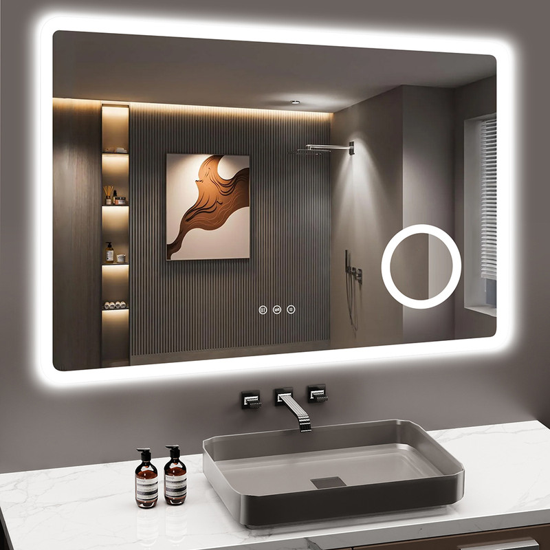 Badezimmerspiegel Gimbelen 80x60 Cm Mit Led-beleuchtung, 3-in-1 Touch, Anti-beschlag, 3x Vergrößerung, Steckdose, 3 Lichtfarben, Dimmer, Ip44