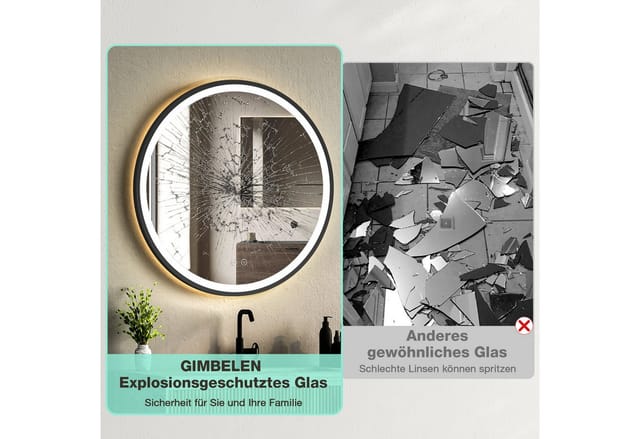 Runder Badezimmerspiegel Gimbelen 60 Cm Mit Led-beleuchtung, Schwarz, 3 Lichtfarben, Dimmer, Speicherfunktion, Hd-sicherheitsglas, Ip44