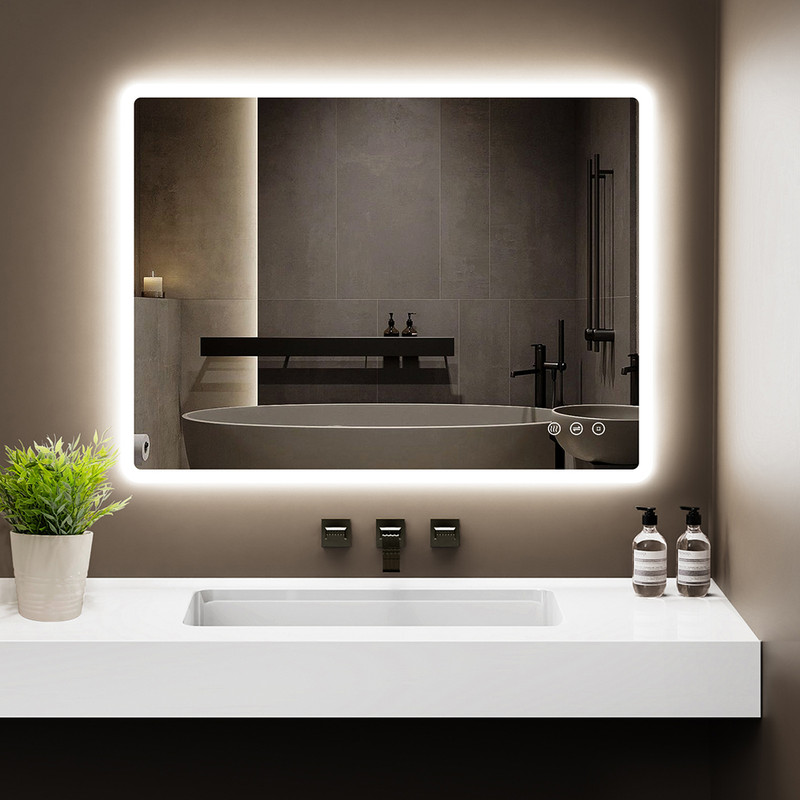 Badezimmerspiegel Gimbelen 80x60 Cm Mit Led-beleuchtung, 3 Lichtfarben, Dimmer, Anti-beschlag, 3x Vergrößerung, Rasierersteckdose,防爆-glas, Ip44