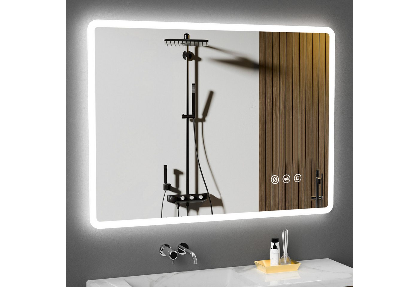 Badezimmerspiegel Mit Led-beleuchtung 80x60 Cm, Led Touch-schalter, 3 Lichtfarben, Dimmer, Anti-beschlag,防爆-glas, Ip44, Horizontal/vertikal